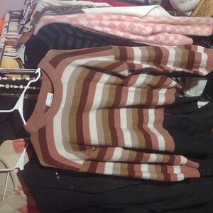 Pink Rose Striped Sweater - Brown, Cream, Pink
